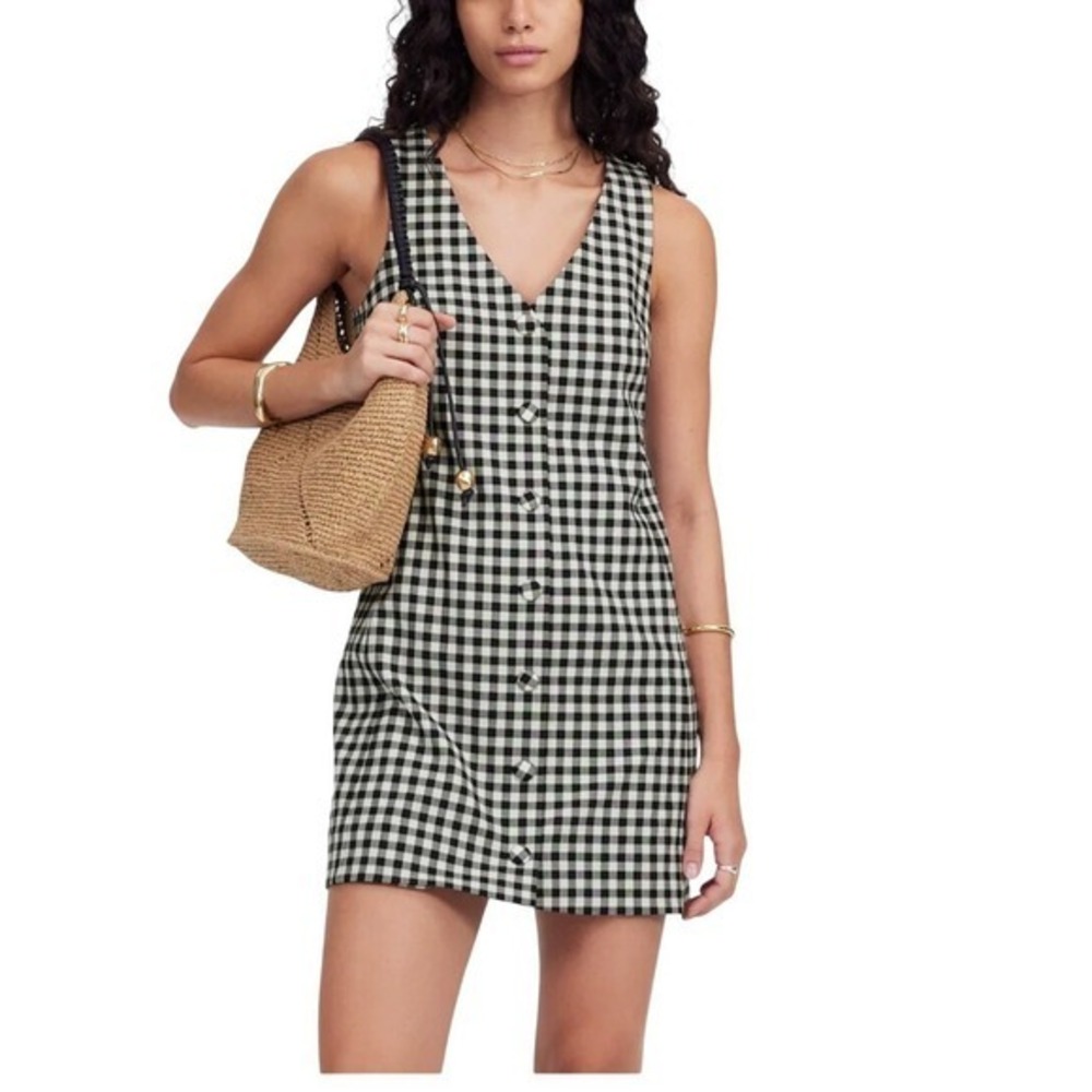 Madewell Black White Gingham V-Neck Mini Vest Dress Button Front Size 6 NWT Chic